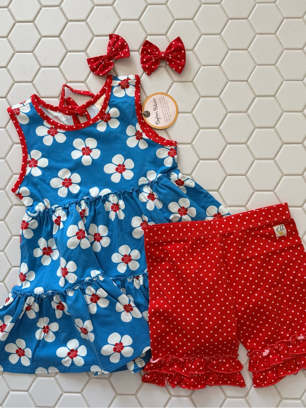 Wildflowers Blue and Red Floral Tank and Polka Dot Shorts Set